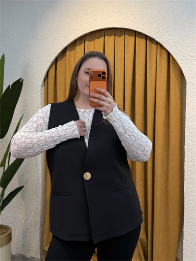 Oversize Düğme Detaylı Blazer Yelek - Siyah