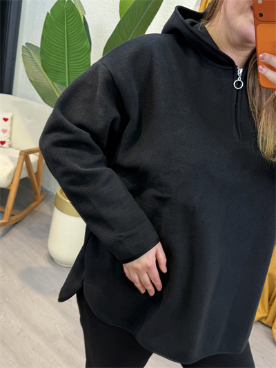 Oversize Kapüşonlu Polar Sweat - Siyah