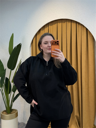 Oversize Kapüşonlu Polar Sweat - Siyah