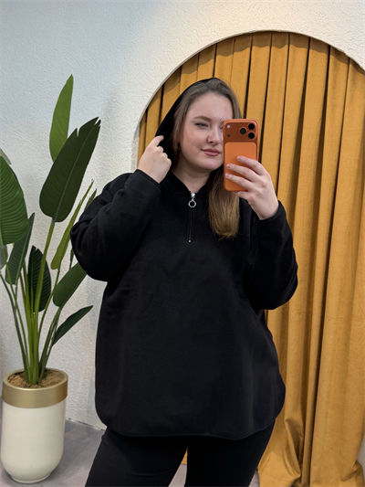 Oversize Kapüşonlu Polar Sweat - Siyah