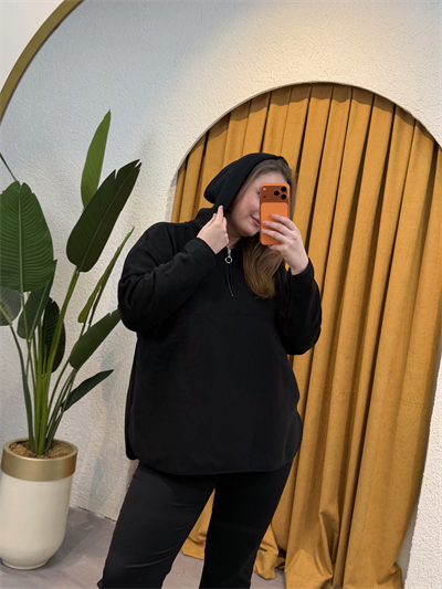 Oversize Kapüşonlu Polar Sweat - Siyah