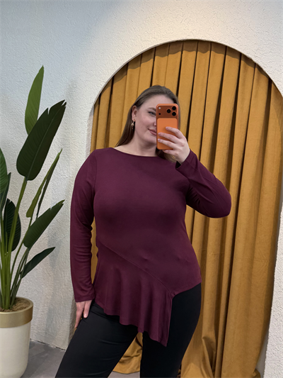 Pamuklu Yarım Asimetrik Esnek Penye Bluz - Mürdüm