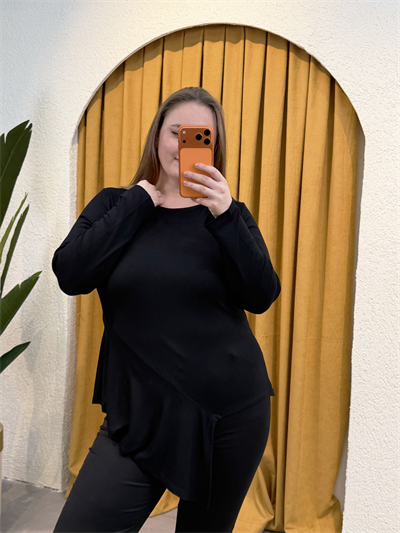 Pamuklu Yarım Asimetrik Esnek Penye Bluz - Siyah