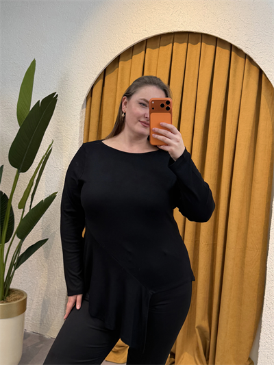 Pamuklu Yarım Asimetrik Esnek Penye Bluz - Siyah