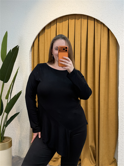 Pamuklu Yarım Asimetrik Esnek Penye Bluz - Siyah