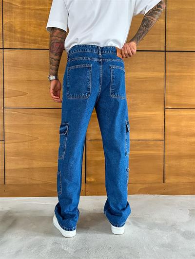 Mavi Çift Kargo Cep Baggy Pantolon