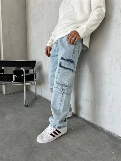 Yıkama Kot Şerit Kargo Cep Baggy Pantolon