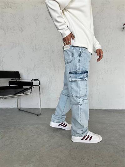 Yıkama Kot Şerit Kargo Cep Baggy Pantolon
