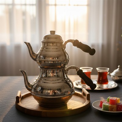 Bakır El Dövme Kordonlu Çaydanlık