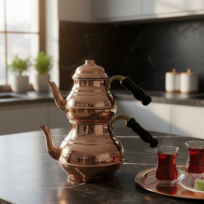 Bakır El Dövme Kordonlu Çaydanlık