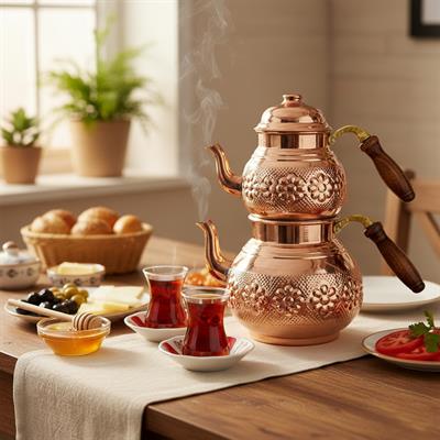 Bakır Klasik Desenli Çaydanlık