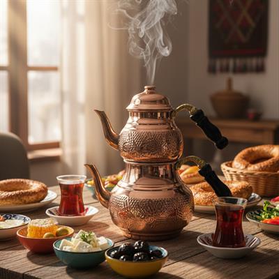 Bakır Klasik Desenli Çaydanlık