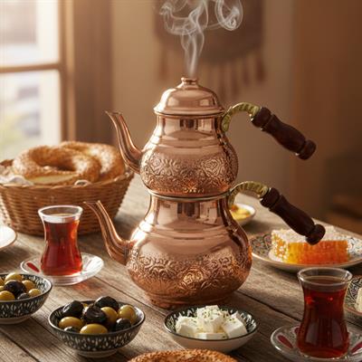 Bakır Klasik Desenli Çaydanlık
