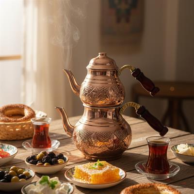 Bakır Klasik Desenli Çaydanlık