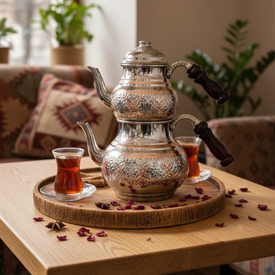 Bakır Klasik Desenli Çaydanlık