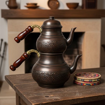 Bakır Klasik Desenli Çaydanlık