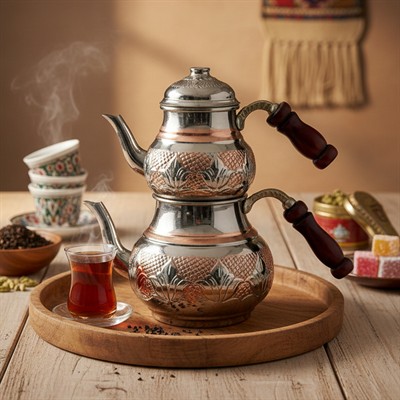 Bakır Klasik Desenli Çaydanlık