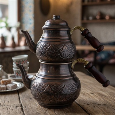 Bakır Klasik Desenli Çaydanlık