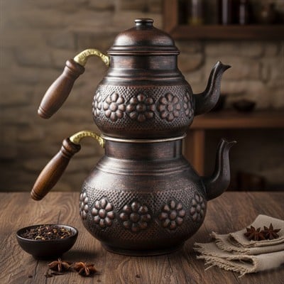 Bakır Klasik Desenli Çaydanlık