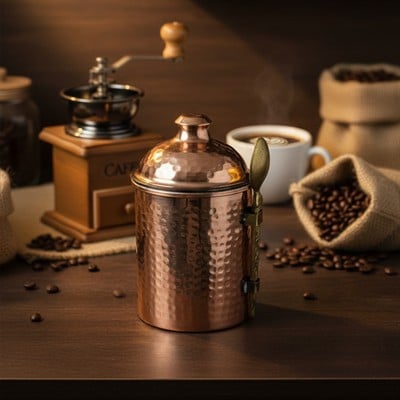 Dövme Bakır Kahve Saklama Kabı Kaşıklı