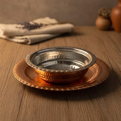 Dövme Bakır Küçük Çorba Kasesi Tabaklı