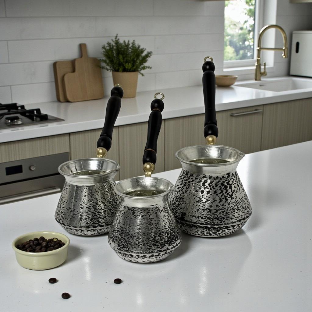 Bakır 3'lü Köşeli Kumlama Cezve Seti - Modern Seri | Yardımcı Bakır