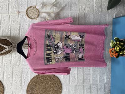 BUGS BUNNY BASKILI TAŞLANMIŞ PEMBE TSHİRT
