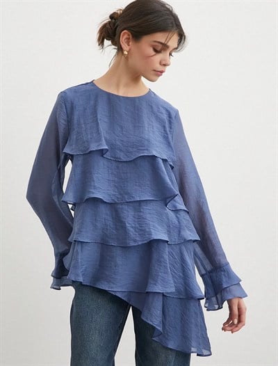 Kol Detaylı Katlı Uzun Kol Bluz - Lacivert