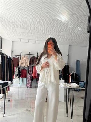 Püskül Detay Bağlamalı Kimono - Beyaz