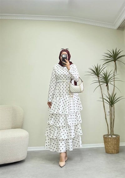 3599 - Puantiyeli Elbise - Beyaz