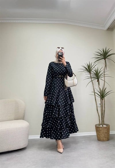 3599 - Puantiyeli Elbise - Siyah