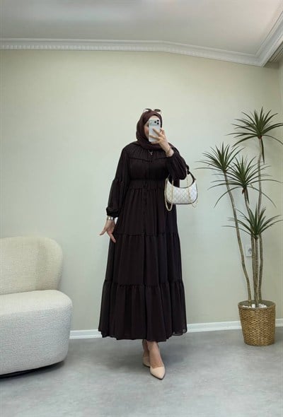 3697 - Kloş Şifon Elbise  - Acı Kahve