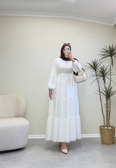 3697 - Kloş Şifon Elbise  - Beyaz