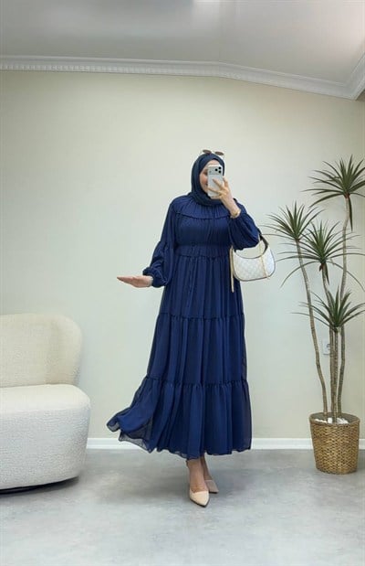 3697 - Kloş Şifon Elbise  - Lacivert