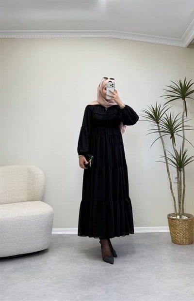 3697 - Kloş Şifon Elbise  - Siyah