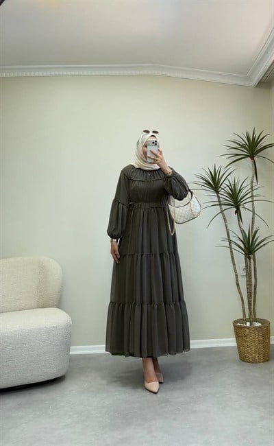 3697 - Kloş Şifon Elbise  - Yeşil