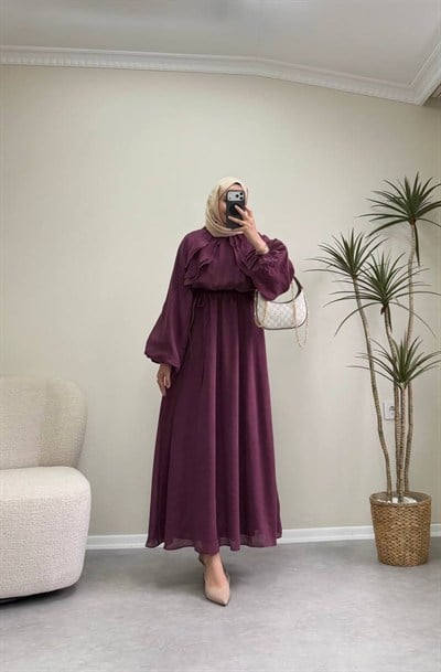 3704 - Çift Fırfırlı Elbise - Bordo