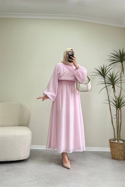 3704 - Çift Fırfırlı Elbise - Pembe