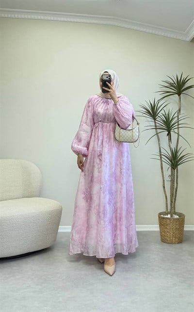 3773 - Dalga Desen Elbise - Pembe
