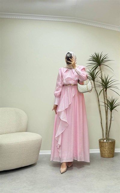 3827 - Fırfırlı Vual Elbise - Pembe