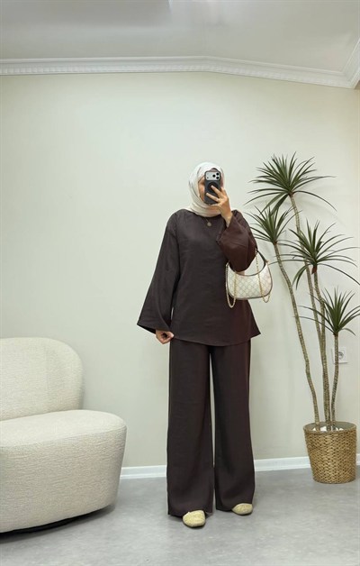 3858 - Belden Bağlamalı Tencel Takım - Kahverengi