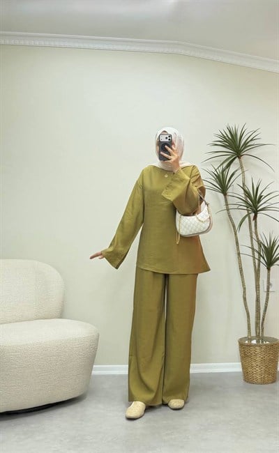 3858 - Belden Bağlamalı Tencel Takım - Olive