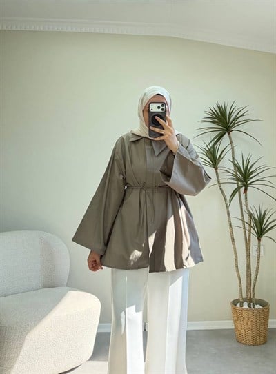 3865 - Düğmeli Poplin Gömlek - Vizon