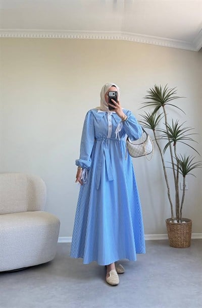 3940 - Karanfil Çizgili Elbise - Mavi