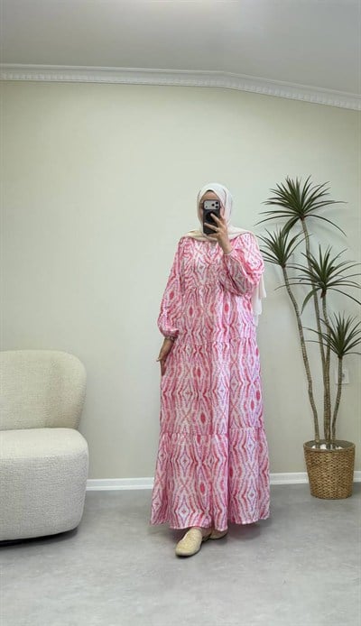 4008 - Pembe Desenli Viskon Elbise