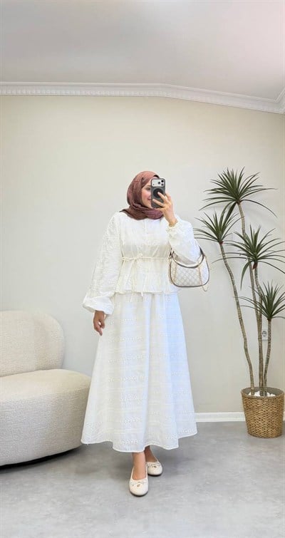 4084 - Papatyalı Fisto Etek Takım - Beyaz