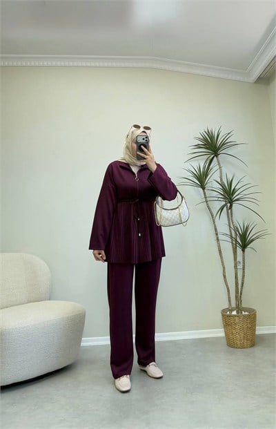 4152 - Piliseli Pantolon Takım - Mürdüm