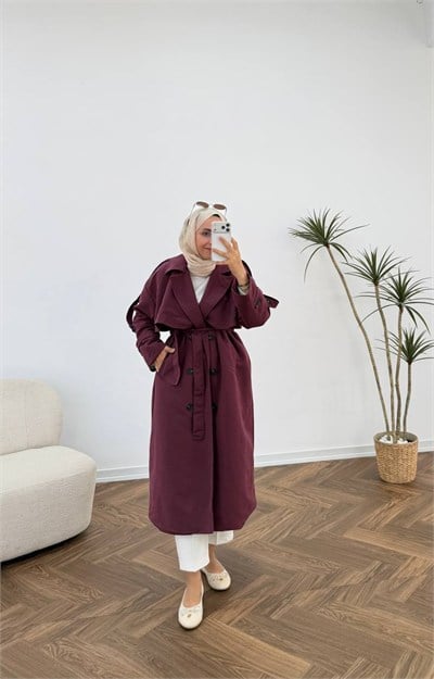 4176 - Uzun Trençkot - Mürdüm