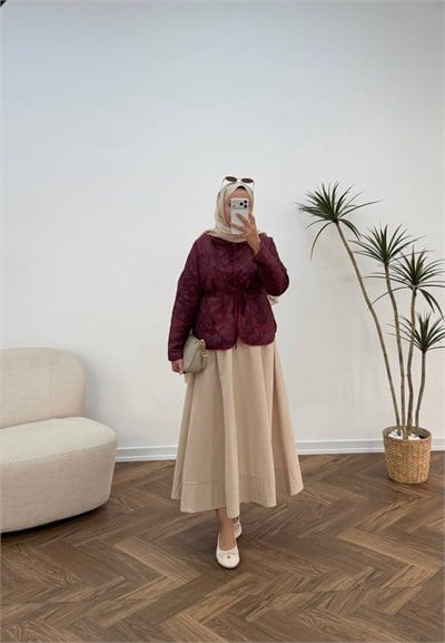 4206 - Desenli Kapitone Ceket - Bordo