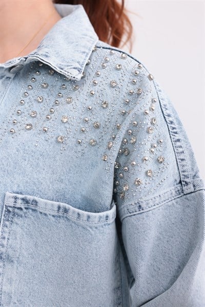 Mavi Taş İşlemeli Denim Ceket